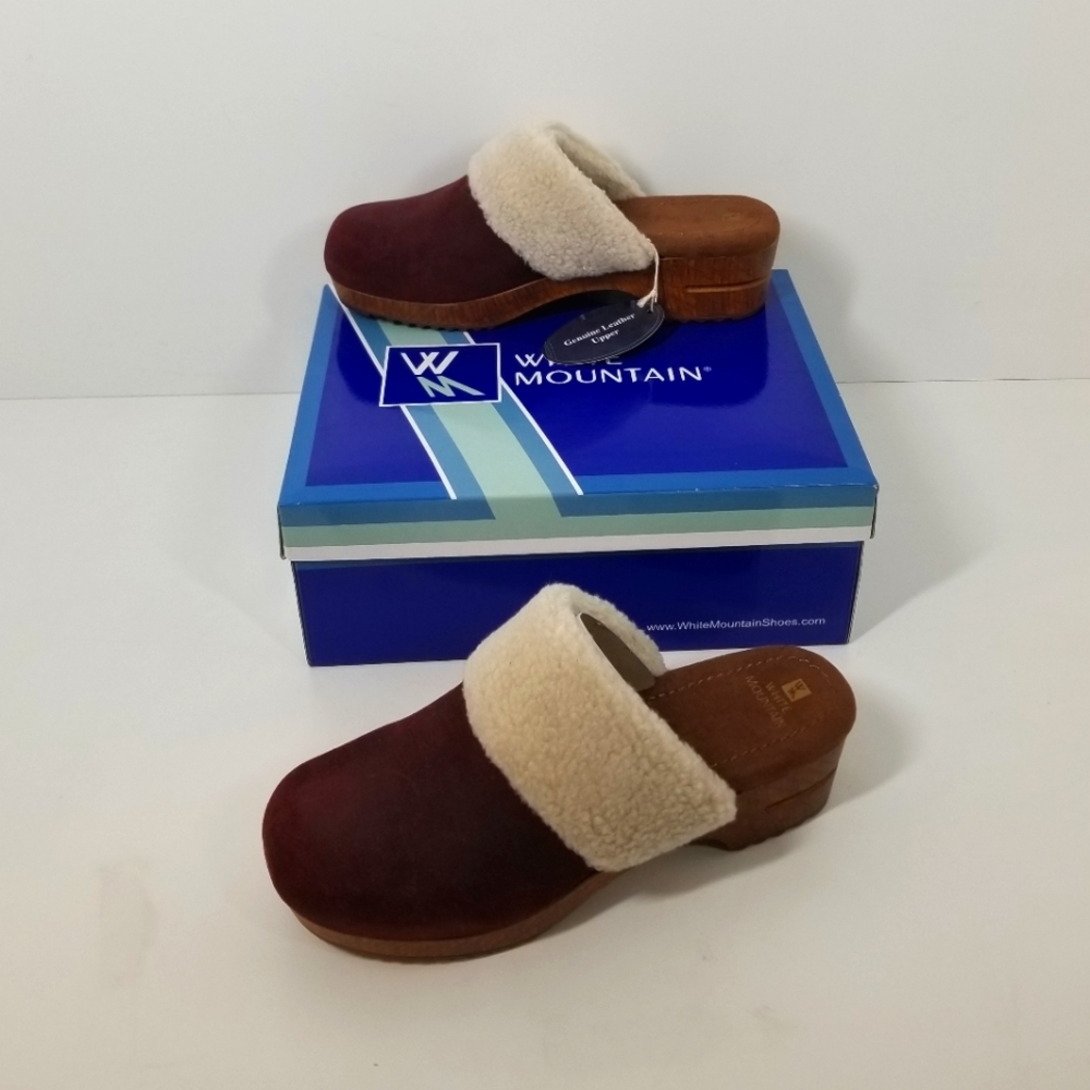 White Mountain Bonus Maroon Suede Faux Fur Lined Slip On Clogs Women Sz 10 M